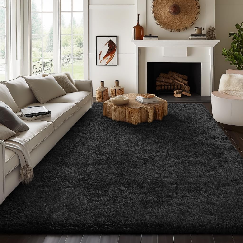 Ophanie 7x10 Black Area Rug - Soft Shaggy Carpet for Living Room & Nursery Decor