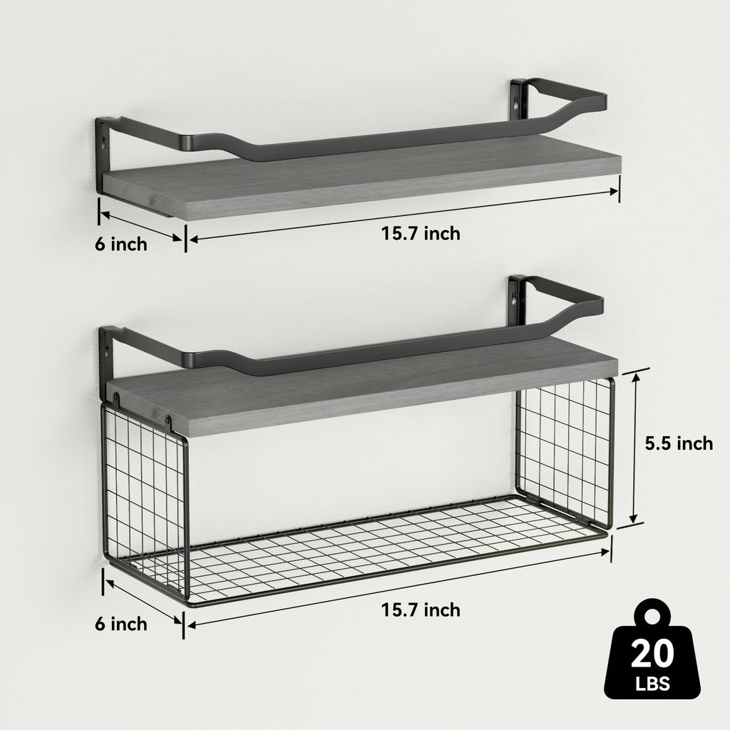 WOPITUES Floating Shelves with Wire Storage Basket, Bathroom Shelves Over Toilet with Protective Metal Guardrail, Wood Wall Shelves for Bathroom Organizers and Storage, Toilet Paper- Gray