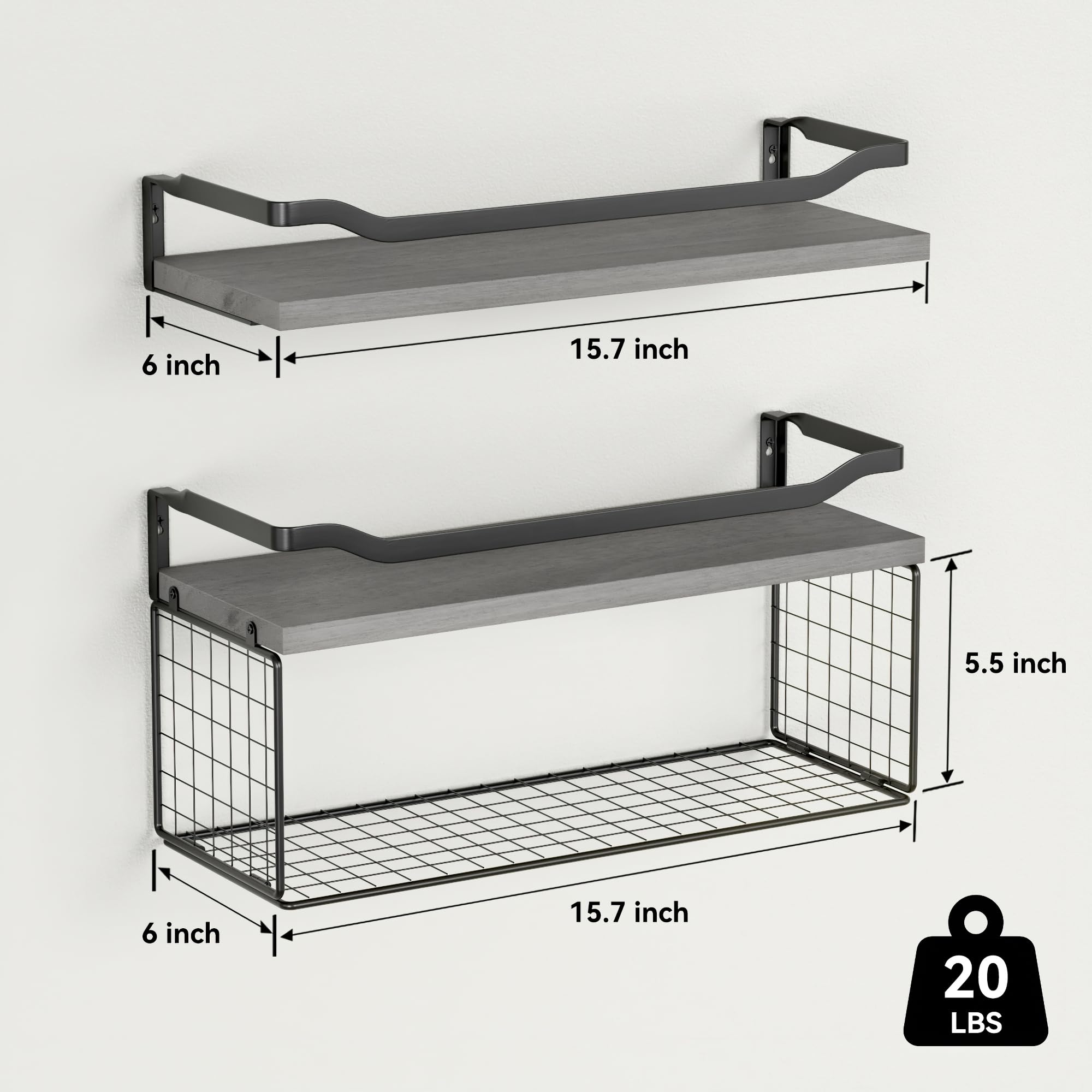 WOPITUES Floating Shelves with Wire Storage Basket, Bathroom Shelves Over Toilet with Protective Metal Guardrail, Wood Wall Shelves for Bathroom Organizers and Storage, Toilet Paper- Gray