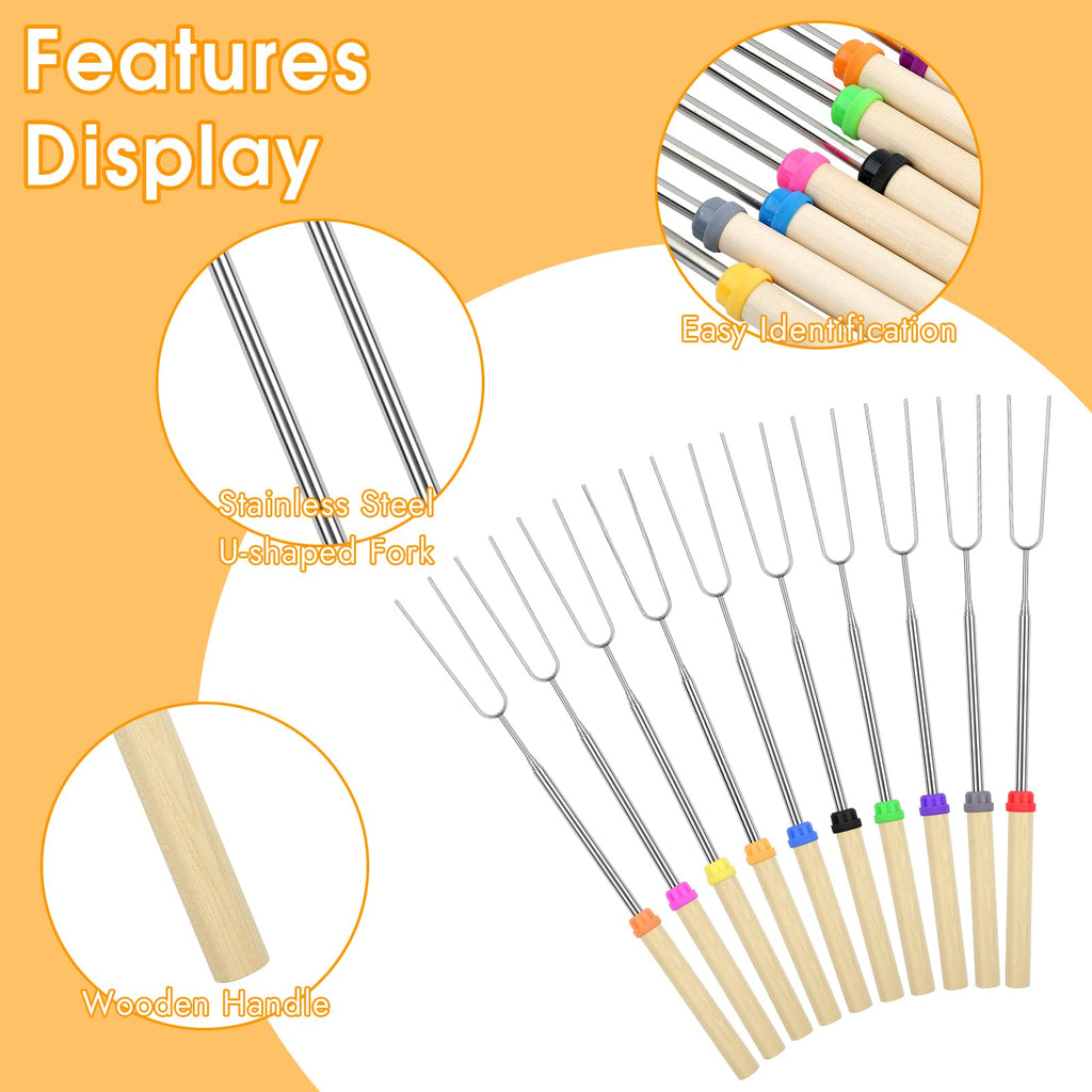 10 Pack Smores Sticks, 32 Inch Marshmallow Roasting Sticks for Fire Pit, Extendable Roasting Skewers with Bag, Hot Dog Fork, Smores Kit for Campfire Camping Essentials