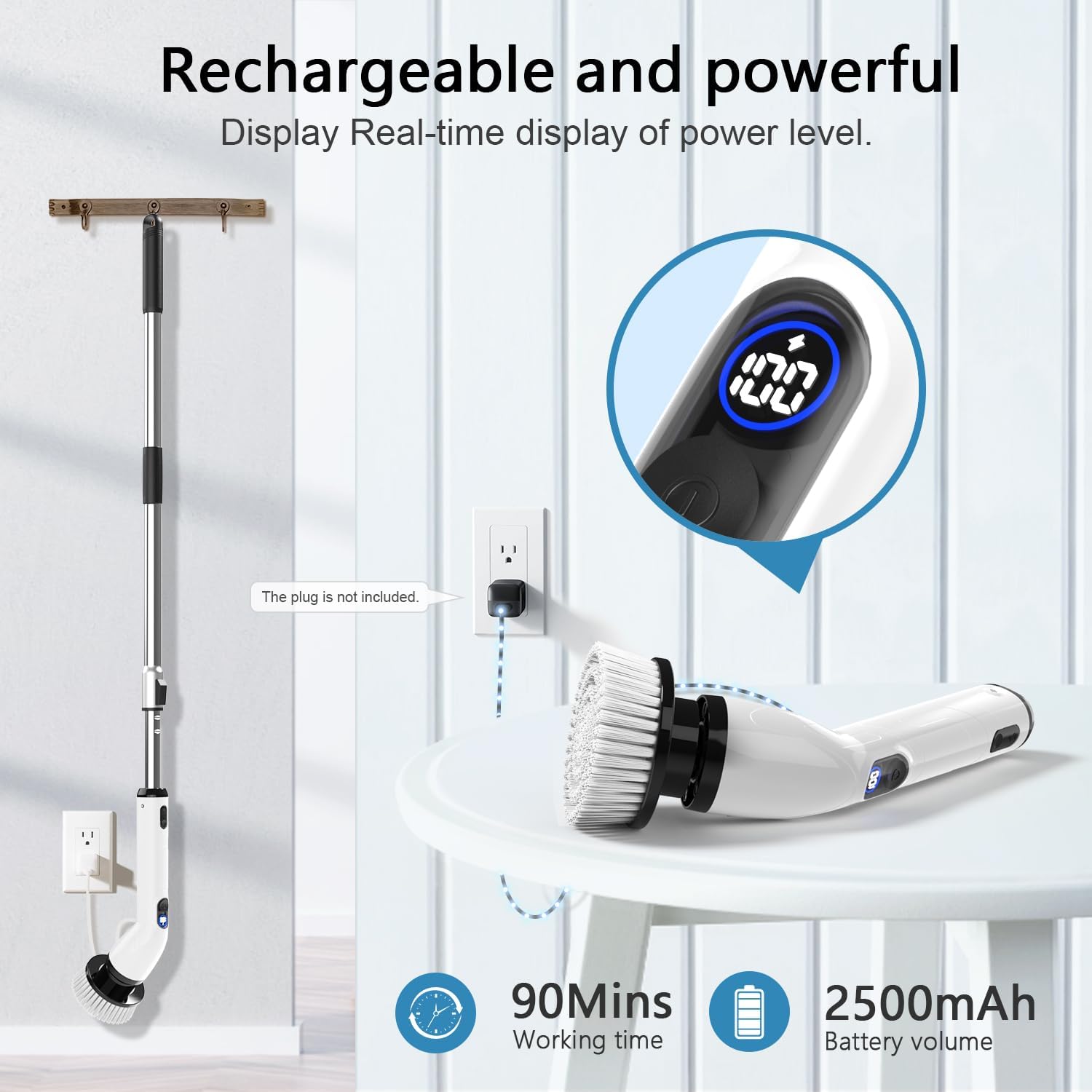 TUYU Electric Spin Scrubber - Cordless Waterproof Bathroom Cleaner with LCD Display & Adjustable Handle