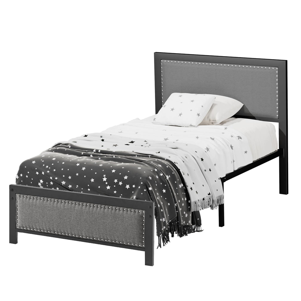 VECELO Twin Size Bed Frame with Upholstered Headboard, Heavy-Duty Platform with Strong Steel Slats, No Box Spring Needed, Easy Assembly, Black&Grey