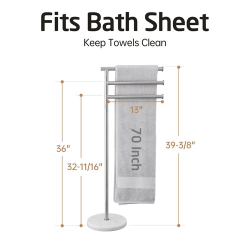 KES Free Standing Towel Racks for Bathroom with Weighted Marble Base, 40-Inch Floor Standing Towel Rack Stand, 3 Swivel Bars, Premium 18/8 Stainless Steel Brushed Finish, BTH219-2