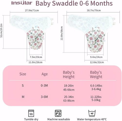 Insular Baby Swaddle Wrap - Adjustable Swaddling Blanket Set for Newborns | Soft Cotton, Floral, 3 Pack (0-3 Months)