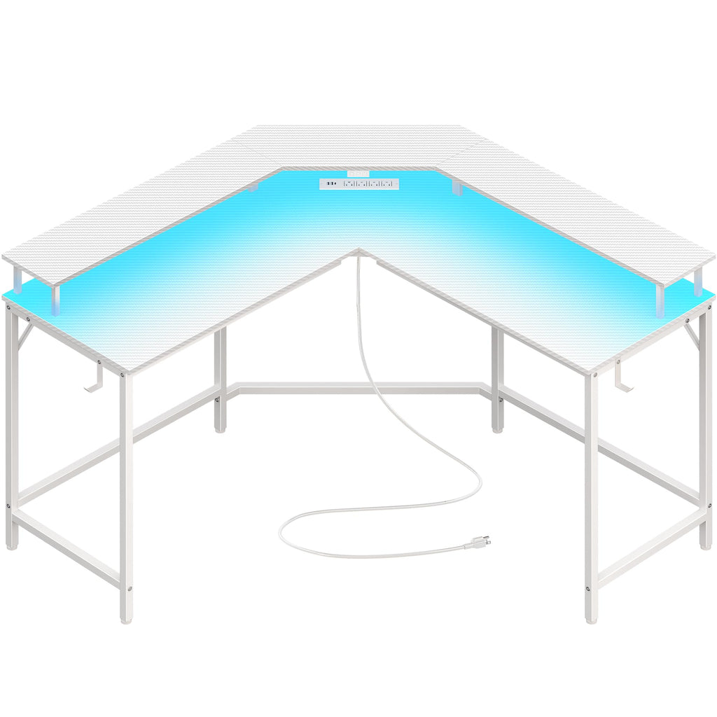 Huuger L Shaped Gaming Desk with Power Outlets & LED Lights, Computer Desk with Monitor Shelves, Carbon Fiber Surface, Home Office Desk, Corner Gaming Desk with Hooks, Carbon Fiber White