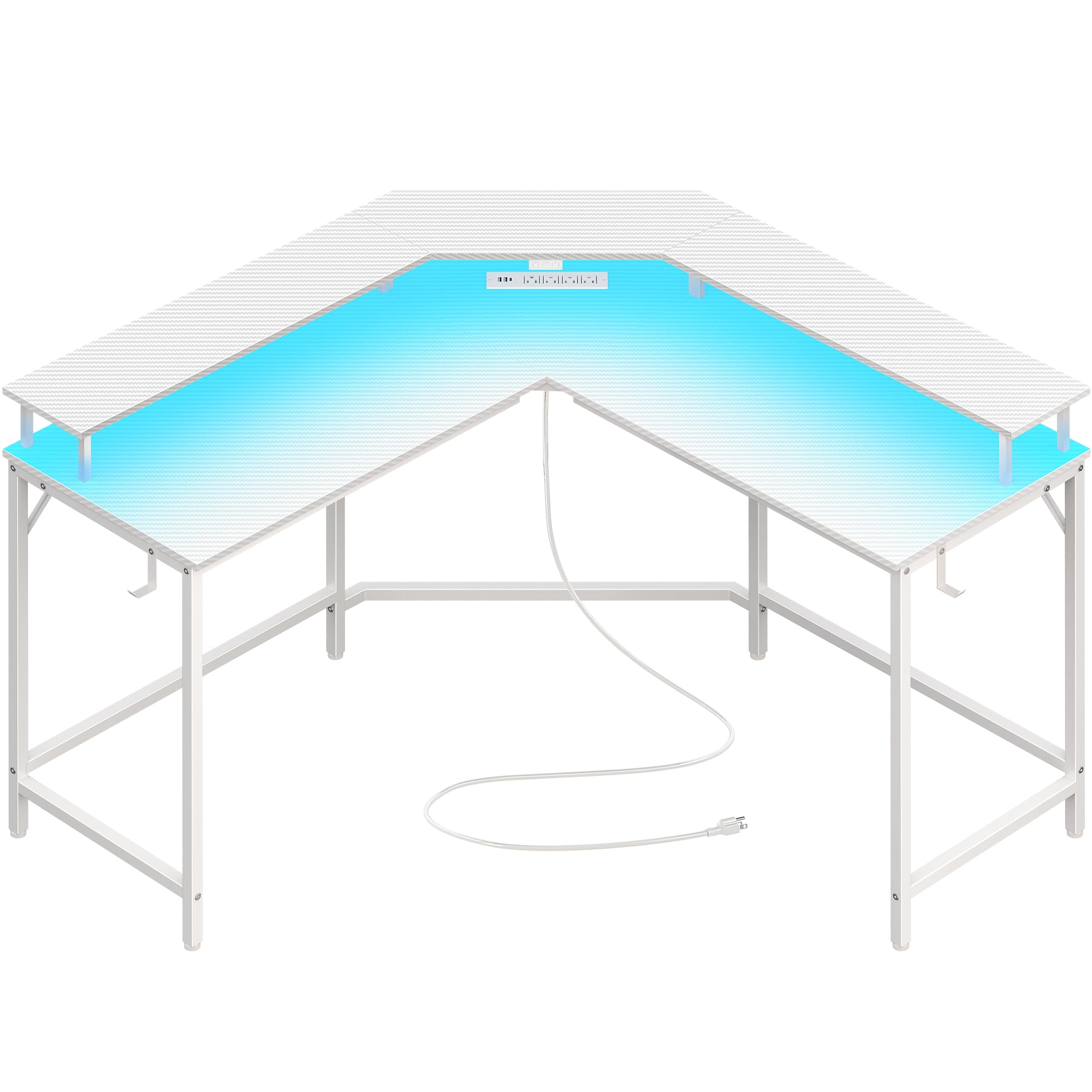Huuger L Shaped Gaming Desk with Power Outlets & LED Lights, Computer Desk with Monitor Shelves, Carbon Fiber Surface, Home Office Desk, Corner Gaming Desk with Hooks, Carbon Fiber White