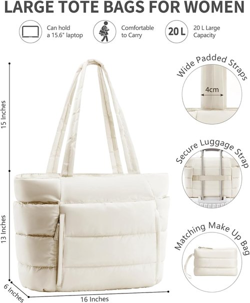 Bagstellar Puffer Tote Bag - Lightweight Quilted Handbag for Work & Travel | Ideal for Nurses & Teachers, Fits 15.6" Laptop