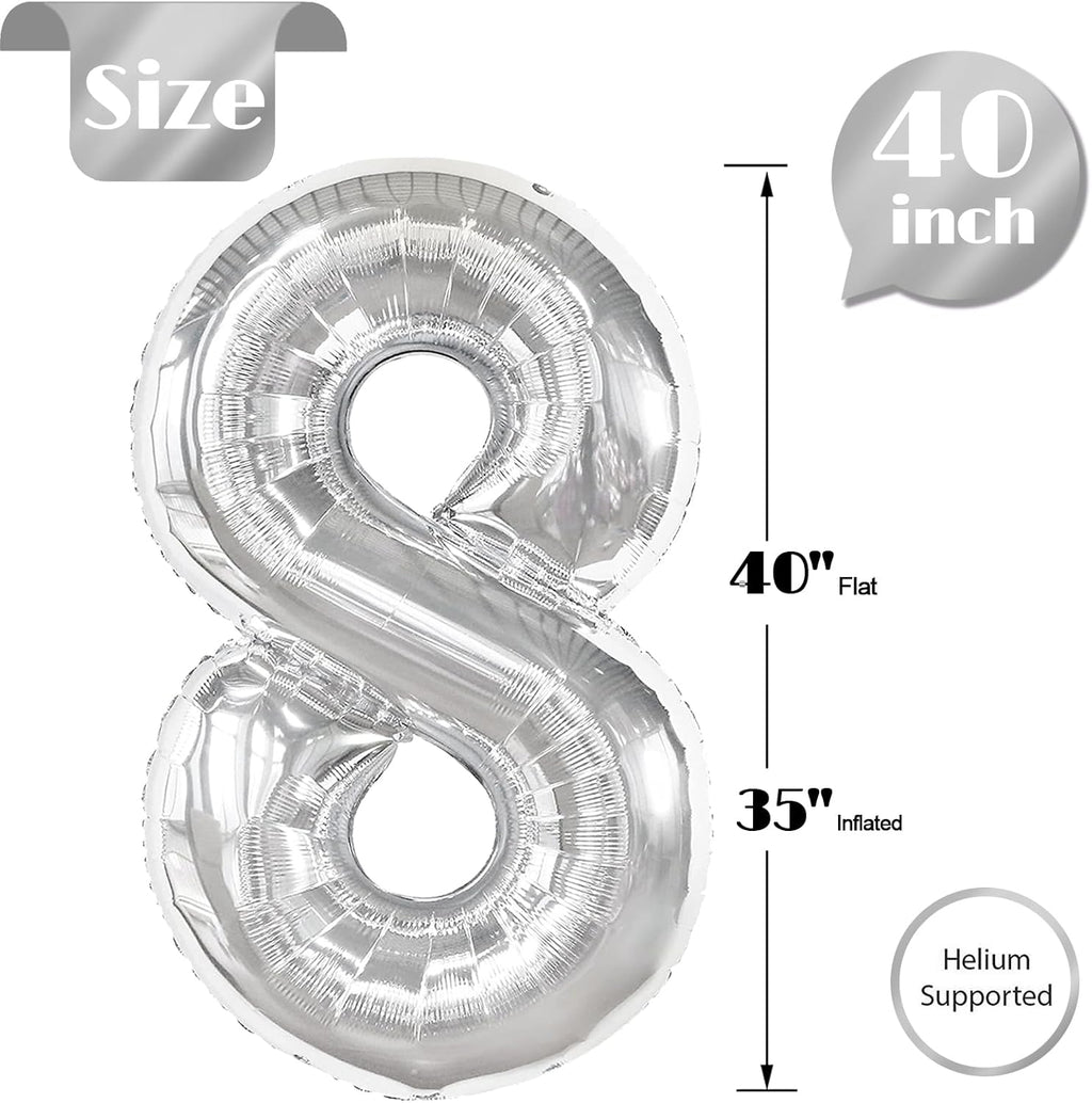 Silver 8 Balloon - 40 Inch Number Balloon for 8th Birthday Decorations | Perfect for Boys & Girls