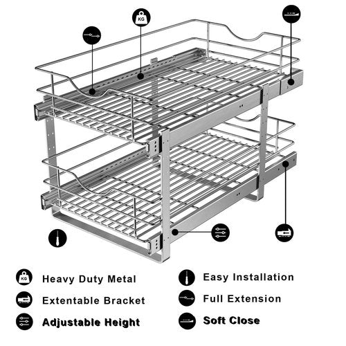 LOVKIT 2 Tier Pull Out Cabinet Organizer,(11½"W x 22" D) Soft Close Slide Out Drawer For Kitchen Base Cabinet, Individual Pull Out Shelf, Roll Out Pantry Organization, 22 Inch Deep