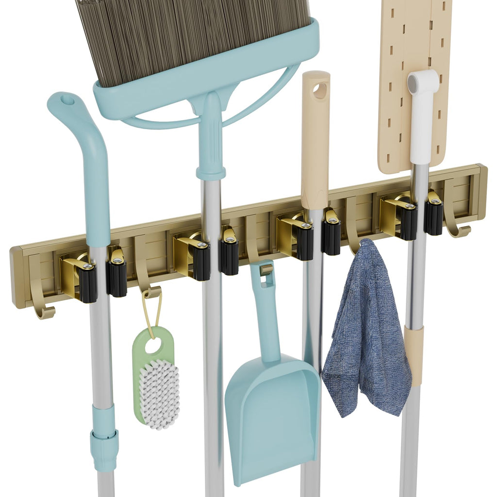 reliahom Broom Holder Wall Mount, 4 Racks with 5 Hooks Bronze - Mop Storage Tool Racks, Broom Hanger Tool Organizer for Garage, Kitchen, Garden, Laundry Room