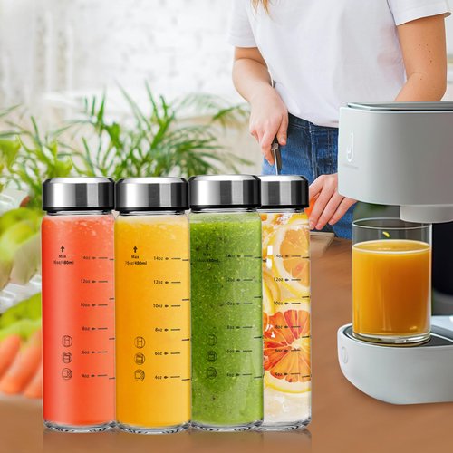 Olivego 16oz Glass Juice Bottles - 6 Pack Wide Mouth Glass Bottles with Lids- BPA Free, Stainless Steel Lids for Juicing, Smoothies, Infused Water, Beverage Storage - Leakproof, Borosilicate, Clear