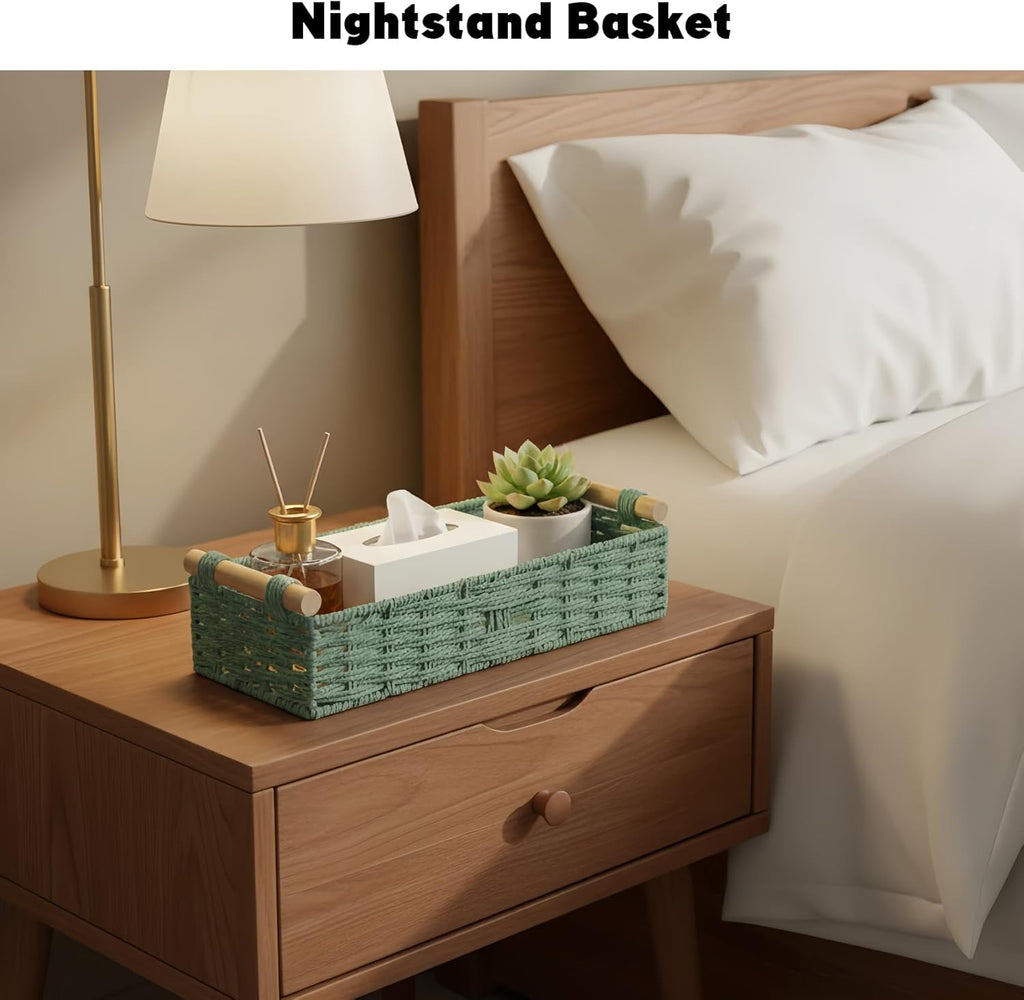 Skiennix Small Bathroom Storage Baskets - Woven Paper Rope Organizing Baskets in Sage Green | Perfect for Home Decor & Gifts
