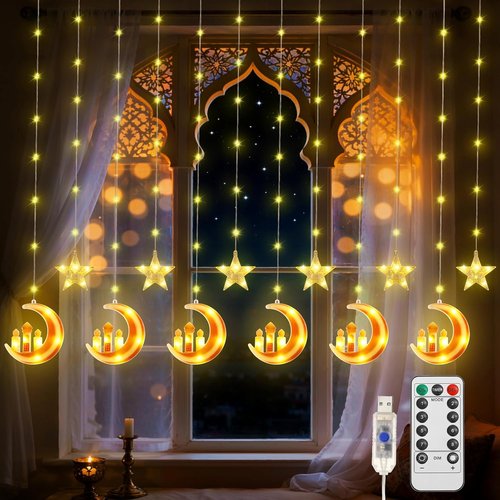 Lewondr Curtain String Lights - 138 LED Moon & Star Fairy Lights with Remote Control | USB Powered, 8 Modes, Orange