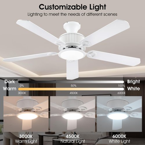 Surtime 52" Ceiling Fans with Lights-Low Profile Ceiling Fan with Light and APP&Remote Control,Flush Mount Ceiling Fan for Indoor/Outdoor,3 Colors Dimmable,5 Reversible Double-Sided Blades（White）