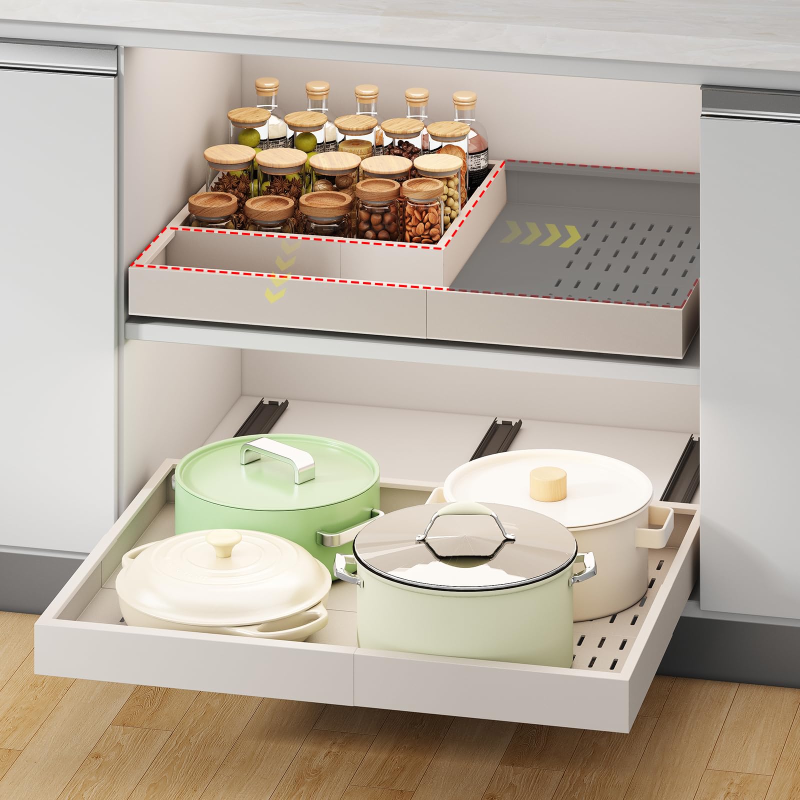 Pull out Cabinet Organizer,Width (14"-21") and Depth (17"-24") Expandable With 3 Rails,No Drill Adjustable Slide out Drawers for Kitchen,Pantry,Adhesive Roll out Shelves,for Cabinets Without Lip,White