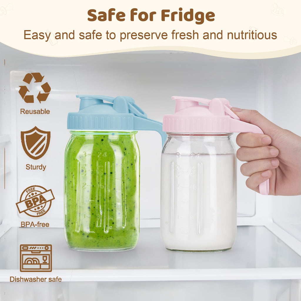 2 Pack Wide Mouth Mason Jar Lids with Leak-Proof Seal, Mason Jar Pour Spout Lid with Flip Cap and Handle, Plastic Canning Lids for Milk, Salad, Dressing, Drinking Storage Bottle, Green