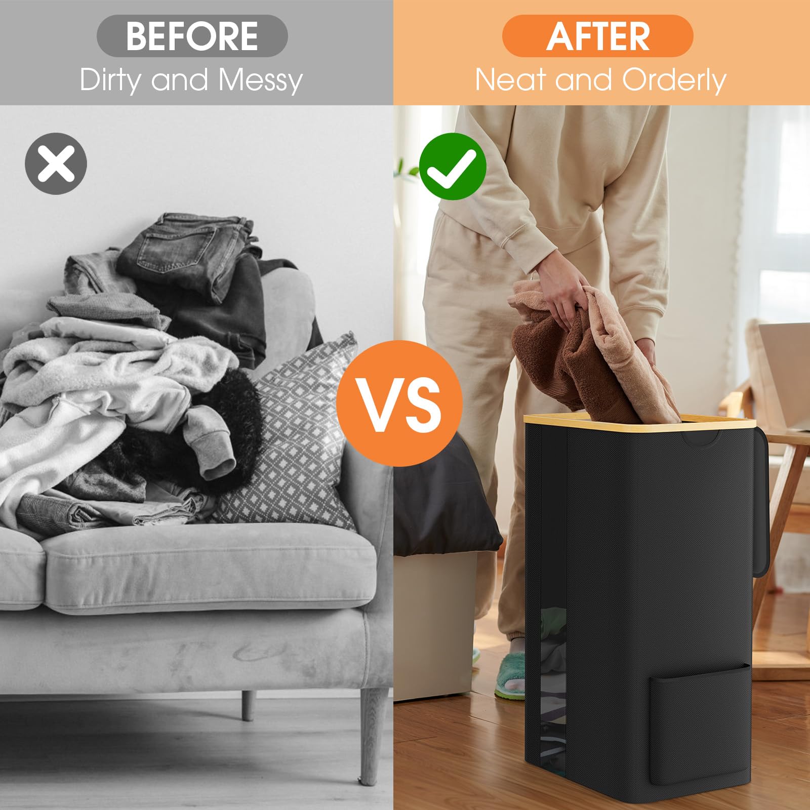 SpaceTrove Laundry Basket Clothes Hamper with Lid and Removable Bag Large Collapsible Laundry Baskets with Handle, Freestanding Hampers for Bedroom Aesthetic, Dorm, Bathroom, Laundry Room 100L (Black)