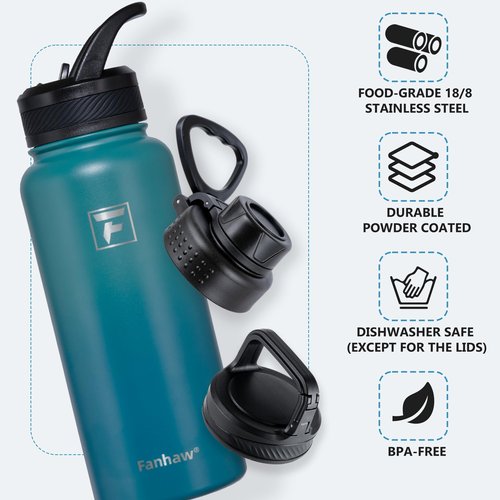 Fanhaw 32 oz Insulated Water Bottle – Portable Stainless Steel Flask with 3 Lids (Straw, Spout, Carabiner) | Leakproof, for Gym, Hiking, Work, Travel & Everyday Use (Green Blue)