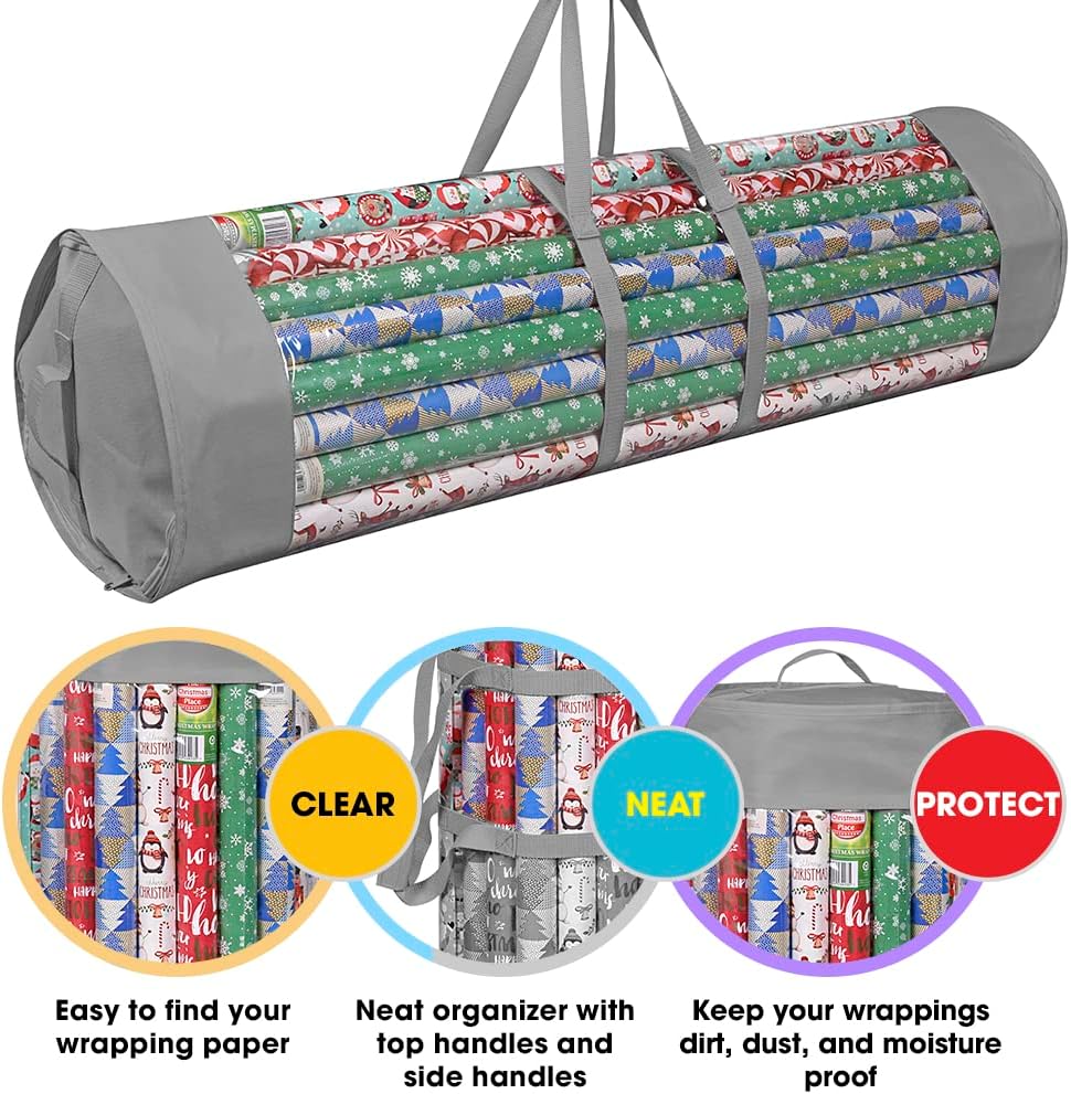 ProPik Wrapping Paper Organizer - Heavy Duty Storage Bag for 40-Inch Rolls | Holds Up to 24 Rolls, Clear PVC