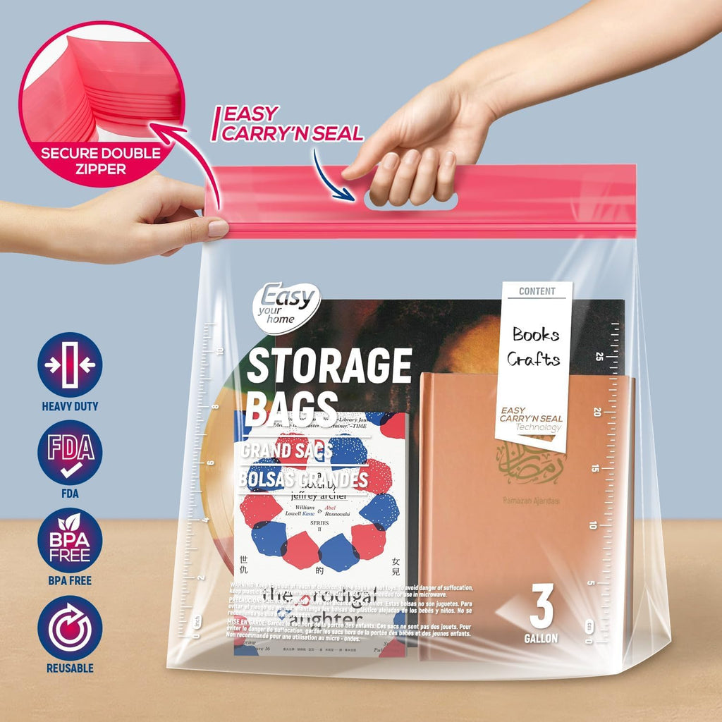 3 Gallon Zipper Lock Plastic Bags by [Brand Name] - Extra Large Reusable Storage Bags | BPA-Free, 16"x18"x5" for Travel & Moving