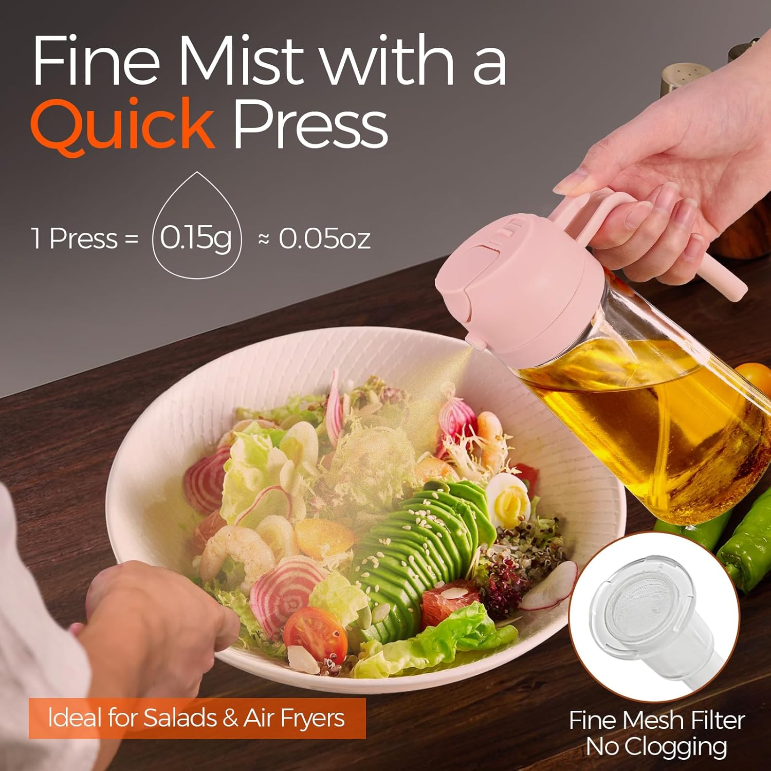 YARRAMATE Glass Olive Oil Sprayer - 2-in-1 Food Grade Spray Bottle for Cooking | 16oz Peach Pink