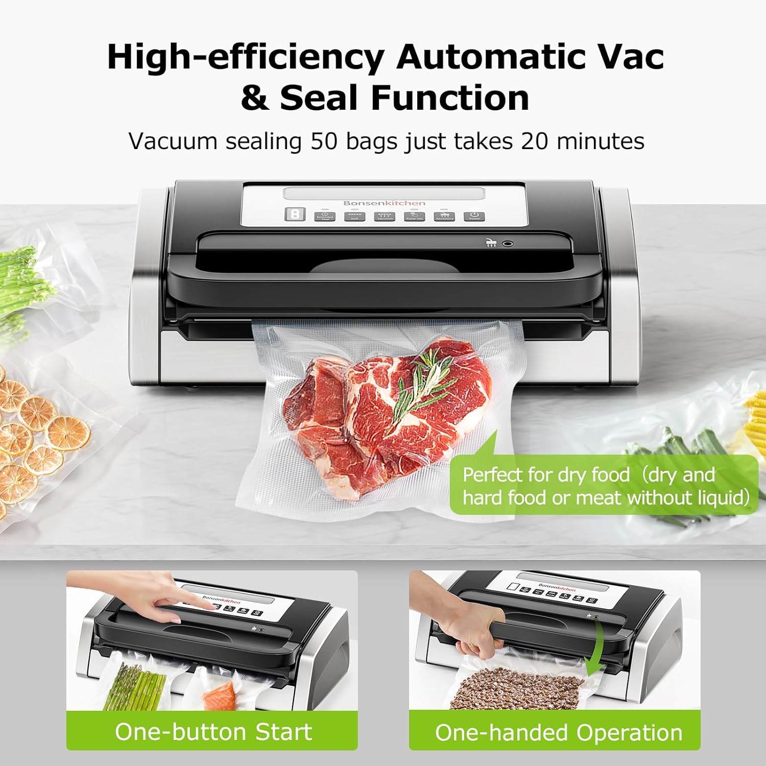 Bonsenkitchen Vacuum Sealer Machine - Powerful Low-Noise Design with Built-In Cutter & Bag Storage | Includes 1 Bag Roll & 10 Bags