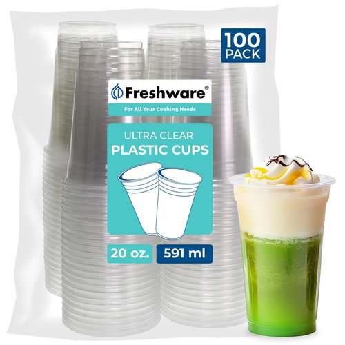 Freshware Clear Plastic Cups [100 Pack - 20 oz] Disposable Cups for Iced Coffee, Smoothie, Milkshake, Cold Drinks