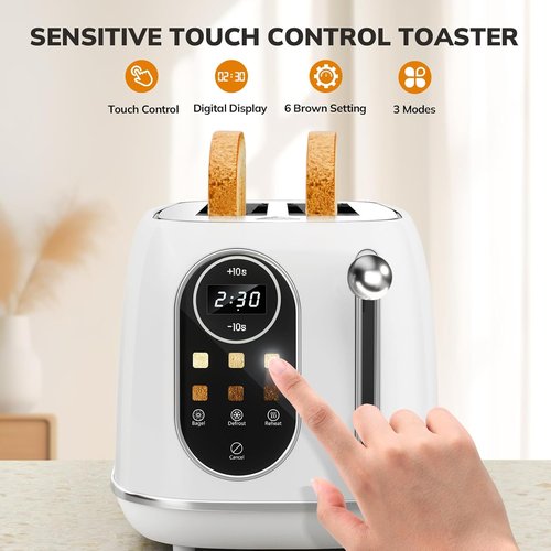 Keenstone Smart Touch Screen Toaster - 2 Slice Retro Stainless Steel with 6 Browning Levels | White
