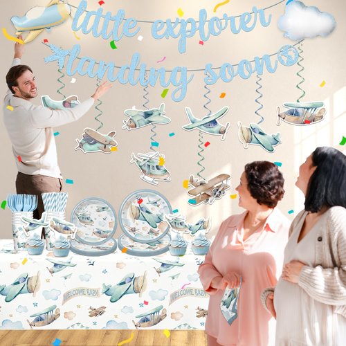 185 Pcs Airplane Baby Shower Decorations Tableware Set Serves 25, Baby Boy Shower Decorations Include Banner, Plates, Tablecloth and Cupcake Toppers, Suitable for Airplane Party