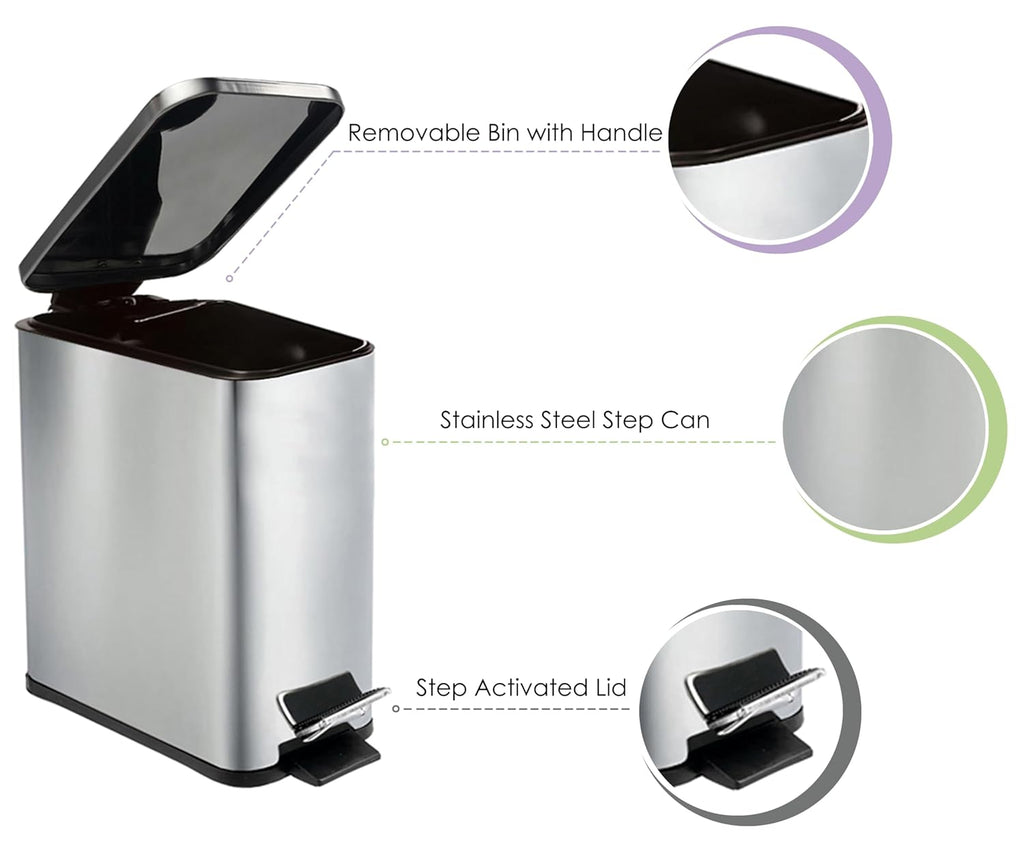 Stainless Steel Small Trash Can - 6L Soft Close Garbage Can with Lid & Step Pedal | Chrome Finish for Bathroom, Bedroom, Kitchen & Office