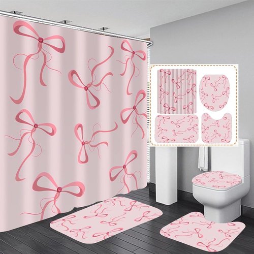 AZHM Pink Bow Shower Curtain Set - Cute Aesthetic Bathroom Decor with 12 Hooks | 4-Piece Set