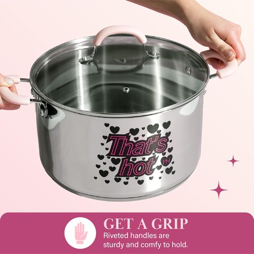 Paris Hilton Stainless Steel Stock Pot with Iconic Color Changing "That's Hot" Heat Indicator Decal, Features Soft Grip Handles and Measure Marks, 8-Quart, Pink