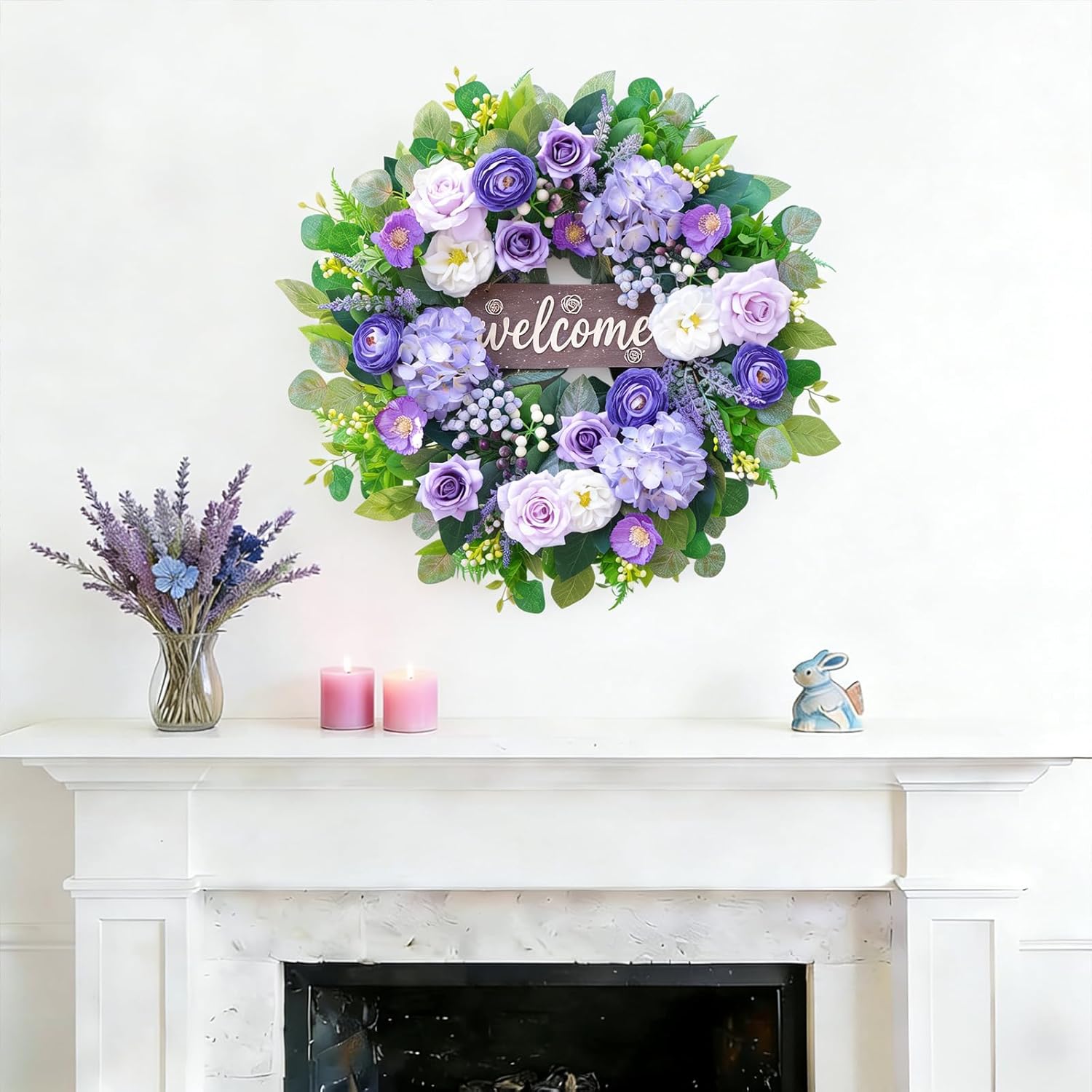 Skiennix 24-Inch Spring Wreath - Luxury Purple Floral Design with Welcome Sign | Roses, Hydrangeas & Eucalyptus for Outdoor Decor