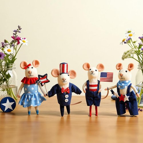 Hahafelt 4 Pcs 4th of July Felt Mice Ornaments - Cute Handmade Patriotic Wool Mice Set | 3.94 Inch