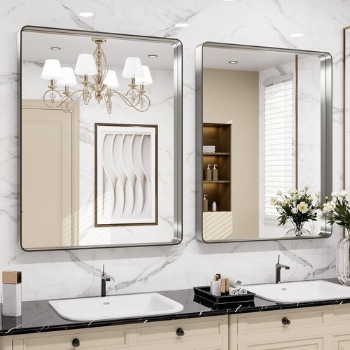 LOAAO Brushed Nickel Bathroom Mirror - 32X36 Inch Rounded Rectangle Design | Anti-Rust, Versatile Hanging Options