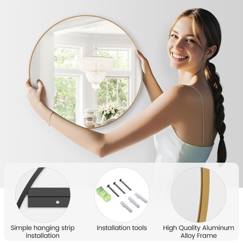 36" Gold Round Mirror for Wall, Large Circle Bathroom Mirror, Matte Gold Metal Frame, HD Eco-Friendly Glass, Contemporary Vanity Entryway Hallway Living Room Home Decor, Easy to Hang