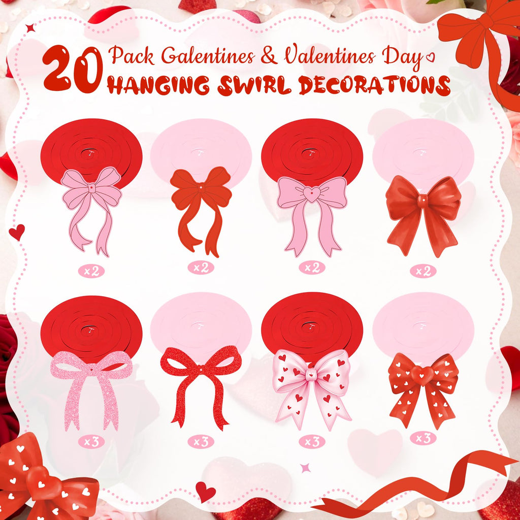 Valentines Day Bow Hanging Decorations, Pink Red Valentine Hearts and Bows Hanging Swirls Ceiling Decoration for Home, Bedroom, Classroom, Wedding Anniversary Galentines & Valentines Day Decorations