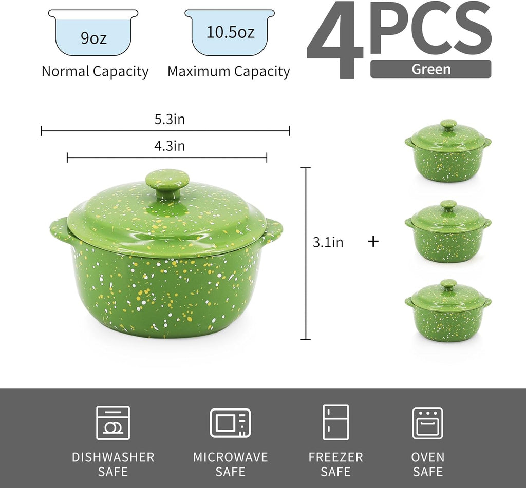 Skiennix Mini Ceramic Casserole Dishes - Oven-Safe 10 Oz Ramekins with Lids & Handles | Green 4-Pack