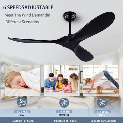 dearnow 52" Ceiling Fans with Remote Control without Light, Modern Reversible DC Motor Indoor Outdoor 3 Blade Ceiling Fan for Patio, Bedroom and Farmhouse (Black)
