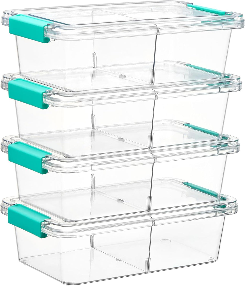 Vtopmart Clear Pencil Box Set - 4 Pack 1.5Qt Plastic Organizer with Removable Divider | Stackable Storage for Art & Office Supplies