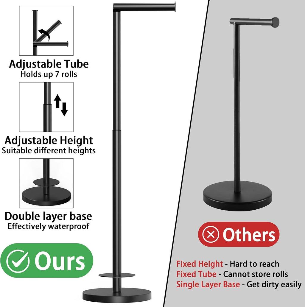 Skiennix Toilet Paper Holder Stand - Height Adjustable, Holds 6 Spare Rolls, Rustproof SUS304 Stainless Steel | Matte Black