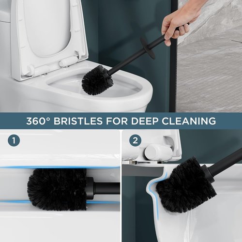 FORIOUS Toilet Brush Set - Heavy Duty 304 Stainless Steel Base, Drip-Proof Design, Black | 2 Brush Heads