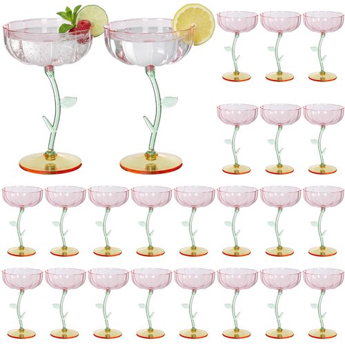 Yiyiring 24 Pcs Flower Detachable Martini Glasses, 7oz Plastic Cocktail Glasses, Flower Edge Wavy Mimosa Champagne Glass Coupe Unbreakable Glassware for Wine Wedding Valentine Party(Pink)