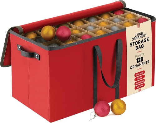 Christmas Ornament Storage Box - Large 128 Capacity with Adjustable Dividers & Dual Zipper | Stackable Red Fabric Organizer