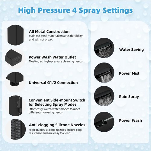 Hibbent All Metal CUPC Certified 8'' Rainfall Shower Head, Dual Shower Head Combo, High Pressure Handheld 4 Sprays Shower Wand, 16'' Adjustable Extension Arm, 71'' Hose, Shower Holder, Matte Black