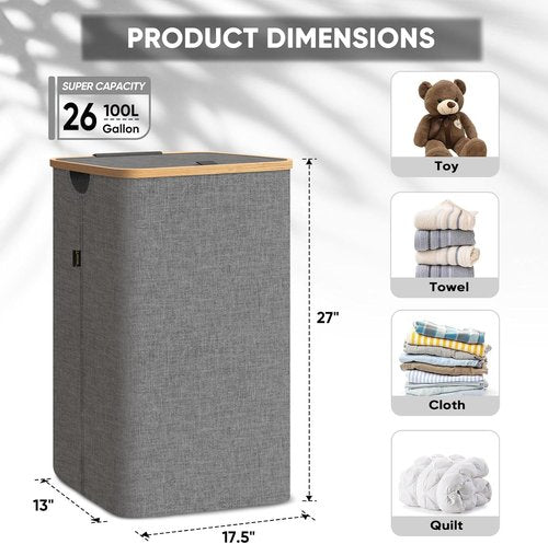 BALEINE Laundry Hamper - Tall Grey Laundry Basket with Lid & Bamboo Pull Handles | 26 Gal/100L Capacity