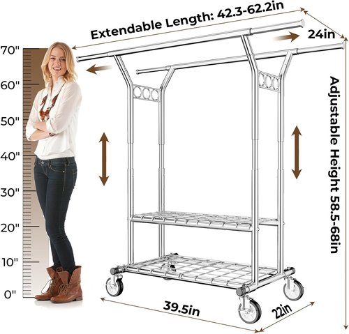 HYSEYY Heavy Duty Clothes Rack - Portable Rolling Double Rod Garment Rack with Shelves | 620 LBS Capacity