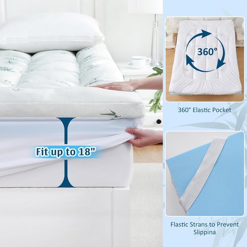 DOWNCOOL Queen Memory Foam Mattress Topper - 4 Inch Dual Layer with Gel & Pillow Top for Back Pain Relief