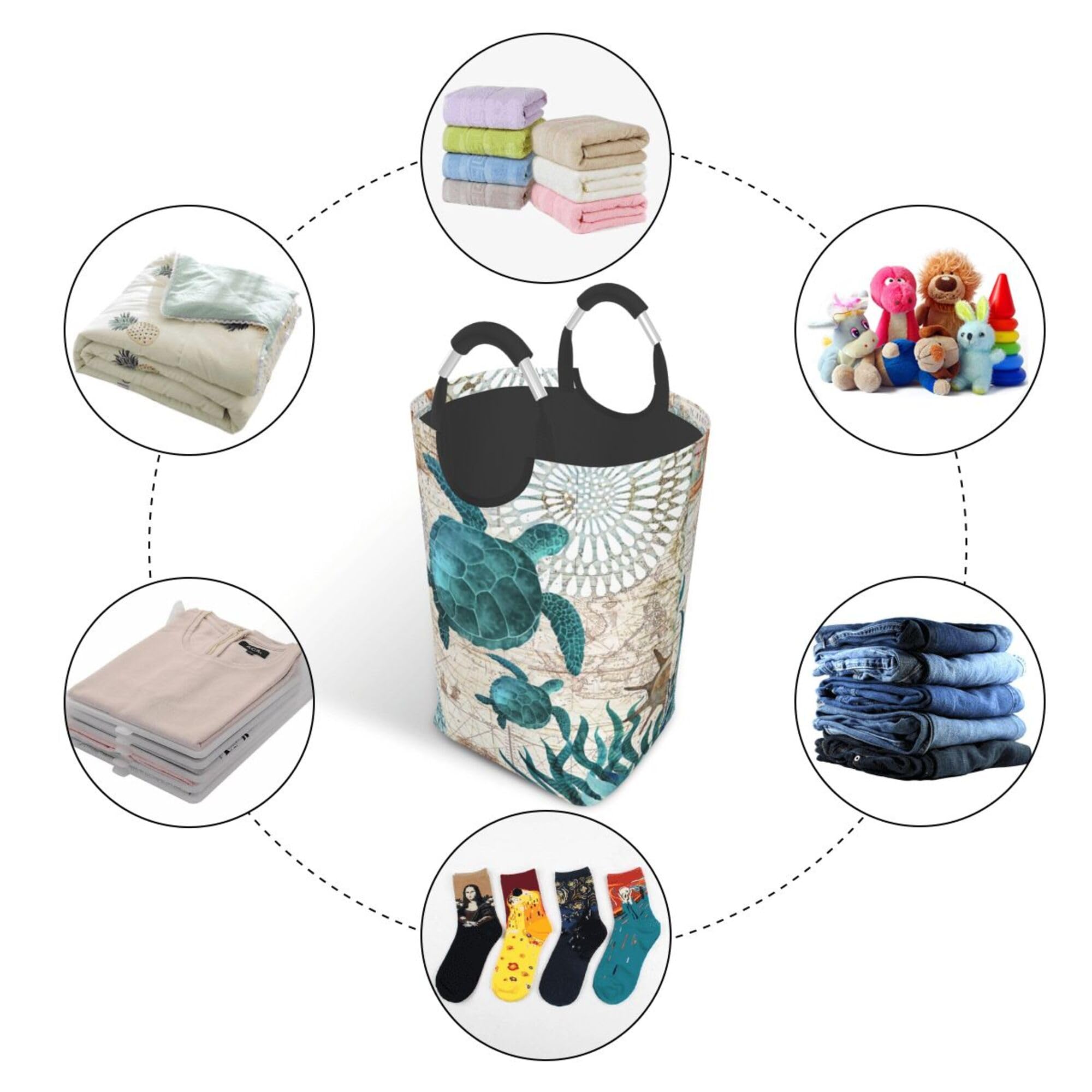 LIBIFALL Vintage Sea Turtle Large Laundry Basket Beach Decor Laundry Hamper Bag Collapsible Laundry Baskets Clothes Hamper with Handles Ocean Storage Baskets For Bathroom, Dorm, Family, 50L