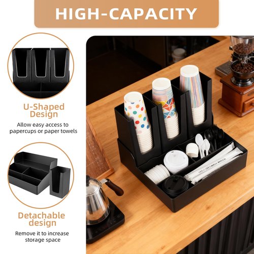WELKOR Commercial Cup and Lid Holder with Straw Organizer,Disposable Coffee Cup Condiment Dispenser for Countertop Org, Coffee Bar, Beverage Cup, Kitchen, Breakroom (Combination Cup Holder)